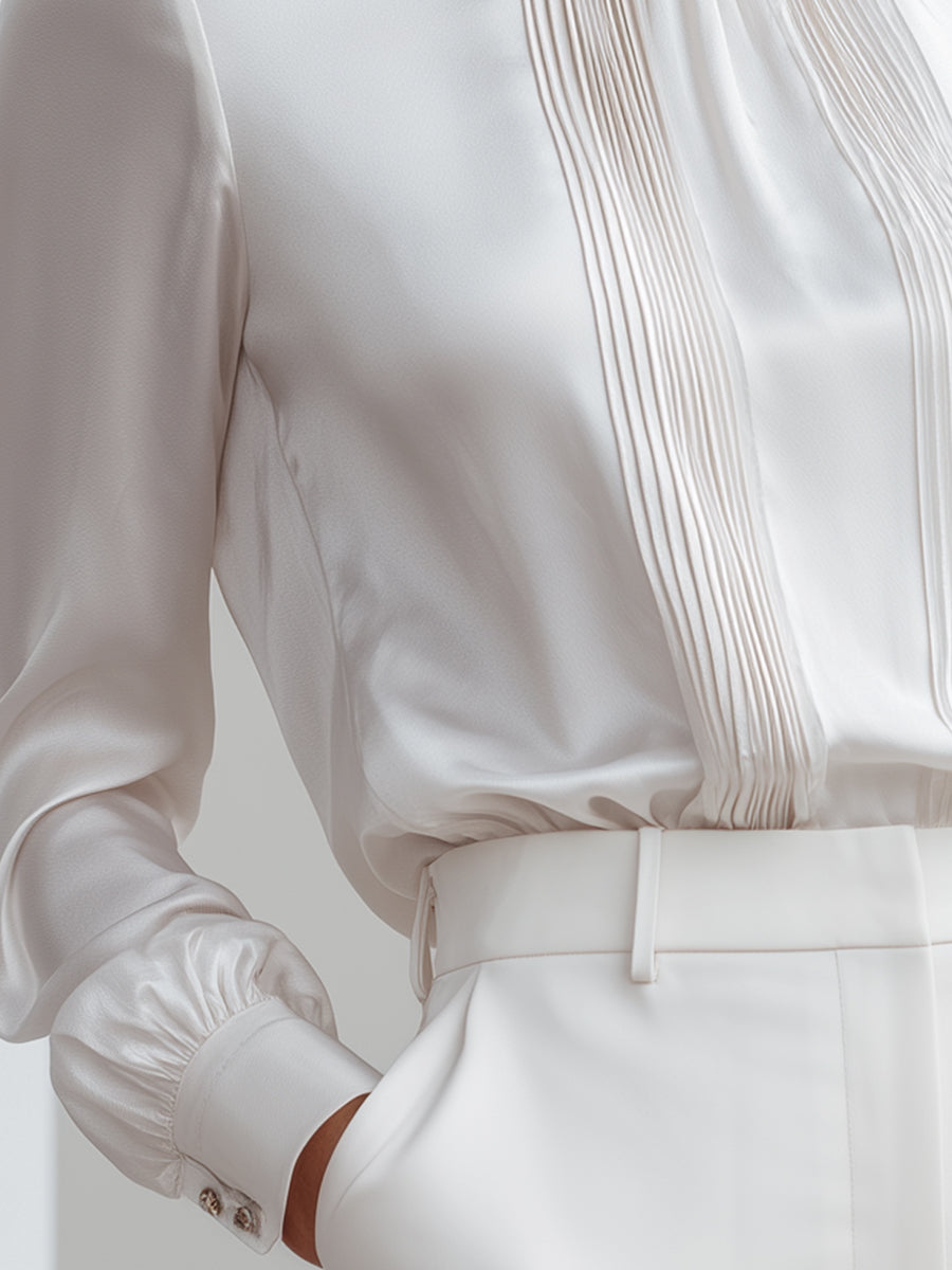 Pleated Front Satin Blouse With Refined Collar
