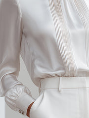 Pleated Front Satin Blouse With Refined Collar