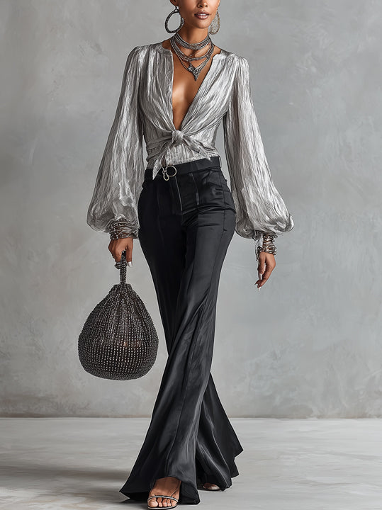 Metallic Silver Deep V-Neck Blouse With Puff Sleeves And Front Tie
