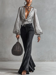 Metallic Silver Deep V-Neck Blouse With Puff Sleeves And Front Tie