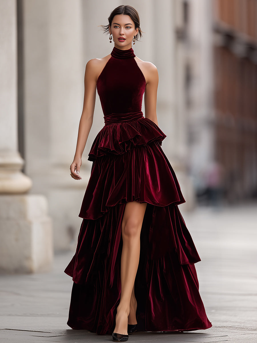 Elegant Velvet Tiered High-Low Evening Gown
