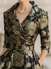 Aura Her's Black & Gold Jacquard Floral Midi Dress