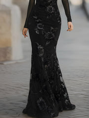 Floral Embroidered Off-Shoulder Mesh Sleeve Mermaid Gown