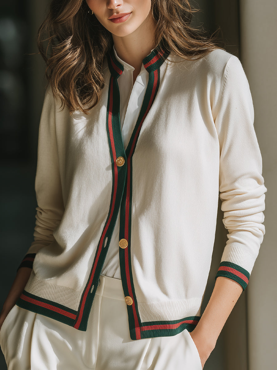 Contrast Trim Button-Front Knit Cardigan
