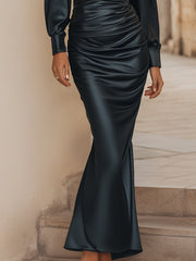 Elegant Draped Satin Long Sleeve Maxi Dress