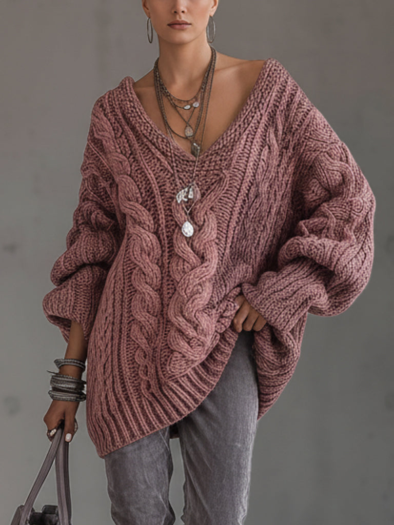 Pink Washed Vintage Cable Knit Oversized V-Neck Sweater