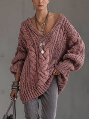 Pink Washed Vintage Cable Knit Oversized V-Neck Sweater