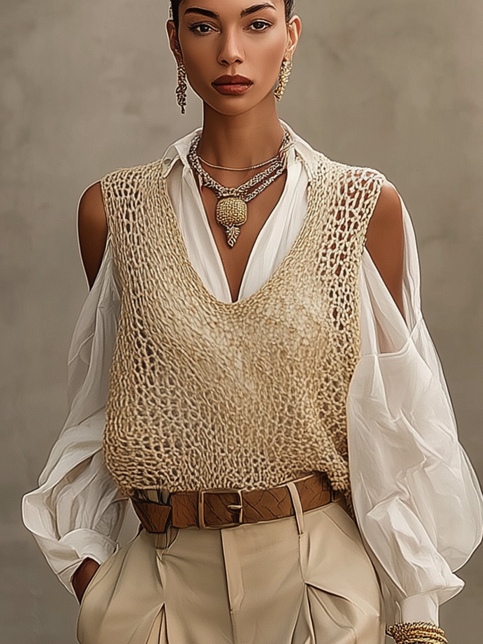 Cream Knit Sleeveless V-Neck Loose fitting Vest