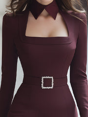 Elegant Square-Neck Belted Midi Dress With A Fake Collar