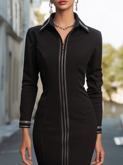 Zipper-Front Bodycon Midi Dress With Tailored Collar