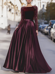 Velvet Sequin Sleeve Gown With Satin Skirt