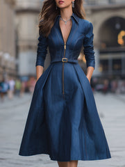 Elegant Zippered Belted Denim Midi Dress