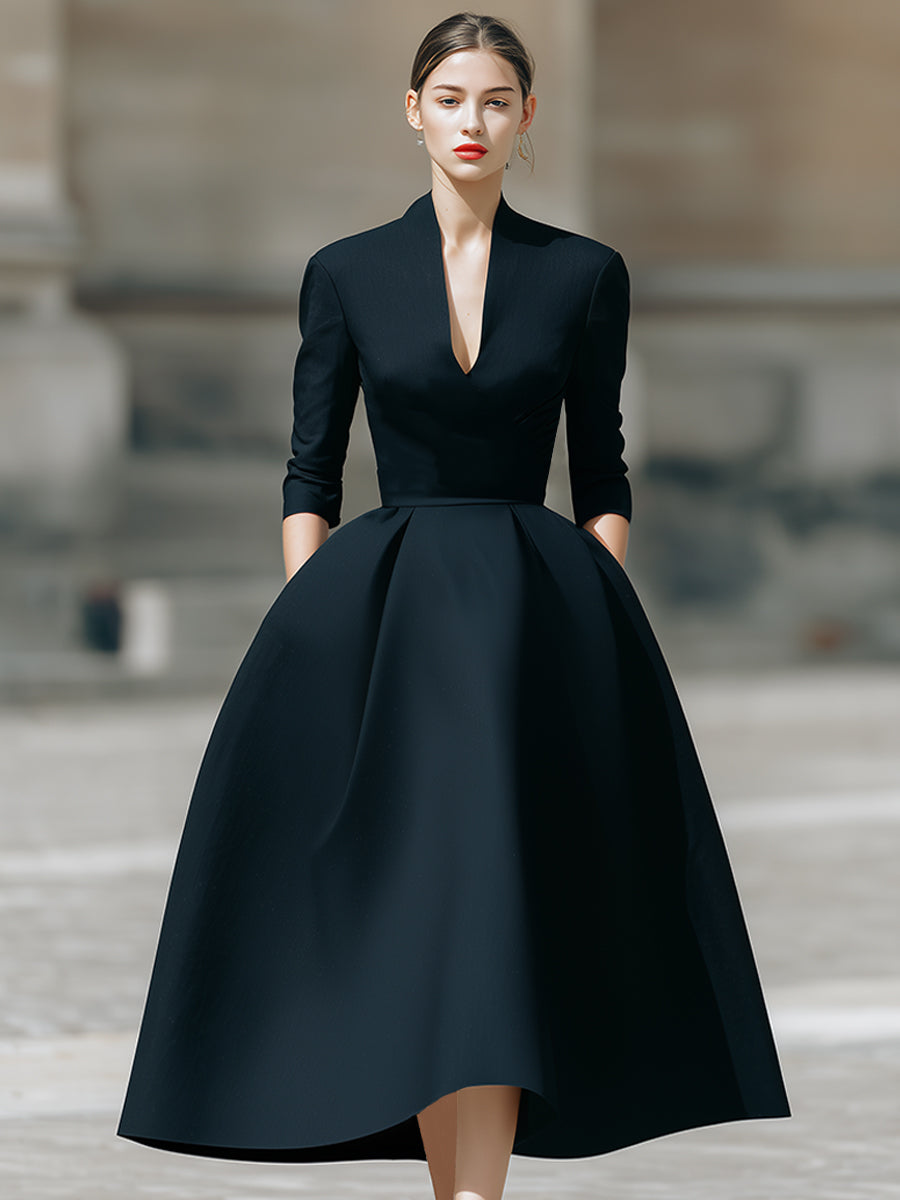 Elegant Plain Midi Dress With Deep V-Neck