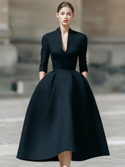 Elegant Plain Midi Dress With Deep V-Neck