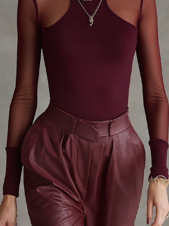 Red Sheer Mesh Panel High Neck Bodysuit T-shirt