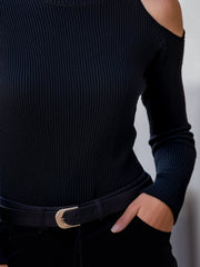Cutout Shoulder Ribbed Turtleneck Sweater