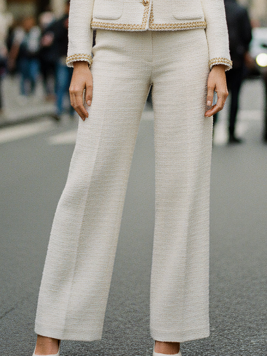 Ivory Tweed Wide-Leg Suit Set With Gold Trim