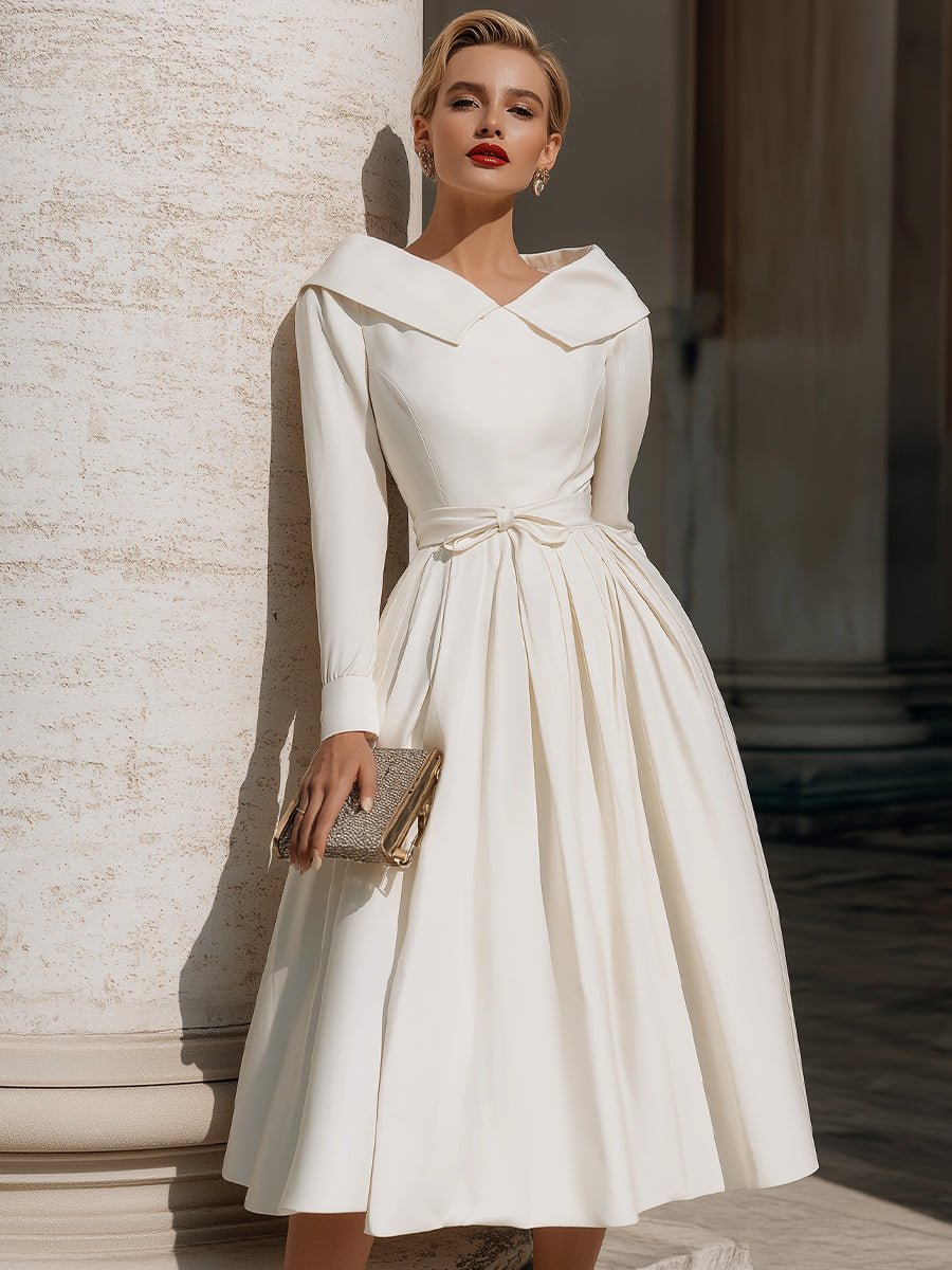 Pleated Midi Dress With Sculpted Collar