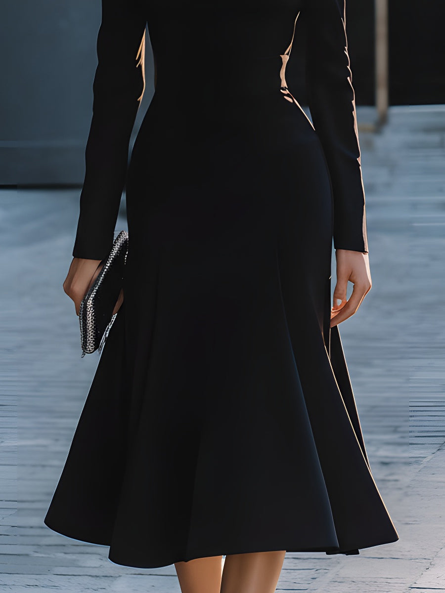 Black Off-Shoulder Midi Dress With Floral Embellishment