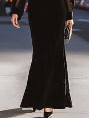 Black Velvet Off-Shoulder Mesh-Sleeve Mermaid Gown