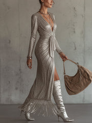 Silver Sequin Fringe Wrap Long Sleeve Maxi Dress