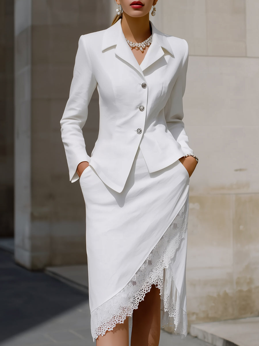 Tailored Blazer And Lace-Trim Asymmetric Skirt Set