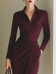 Burgundy Draped Shirt Dress