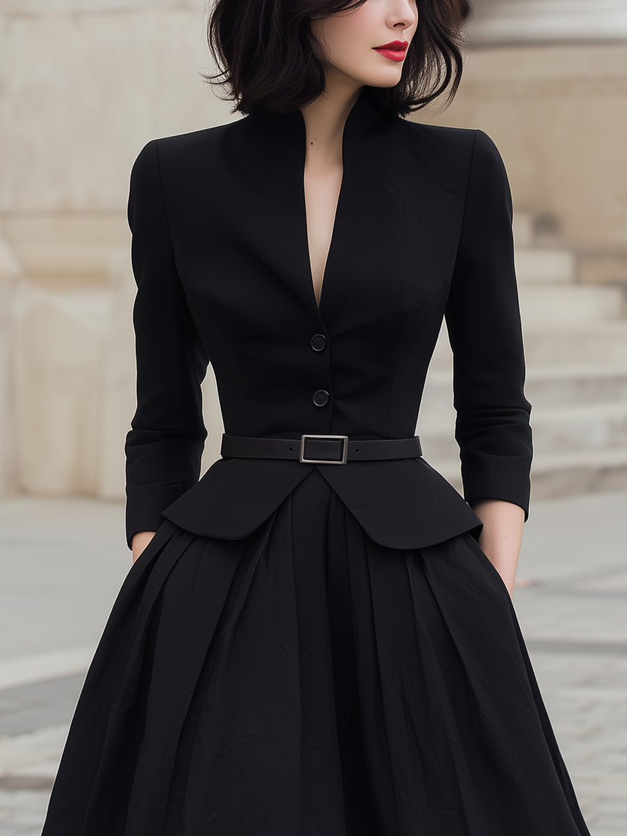 Structured Belted Blazer And Pleated A-Line Skirt Set