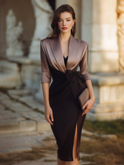 Draped Contrast Lapel Evening Dress