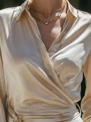 Beige Satin Wrap Blouse With Side Tie