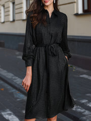 Satin Houndstooth Shirt Dress With Tie Waist