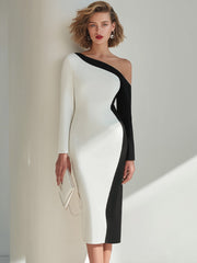 Black And White One-Shoulder Colorblock Midi Dress