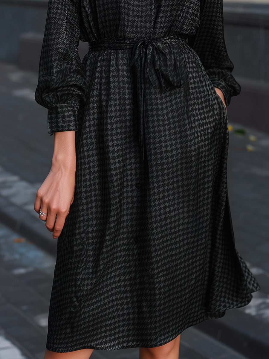 Satin Houndstooth Shirt Dress With Tie Waist