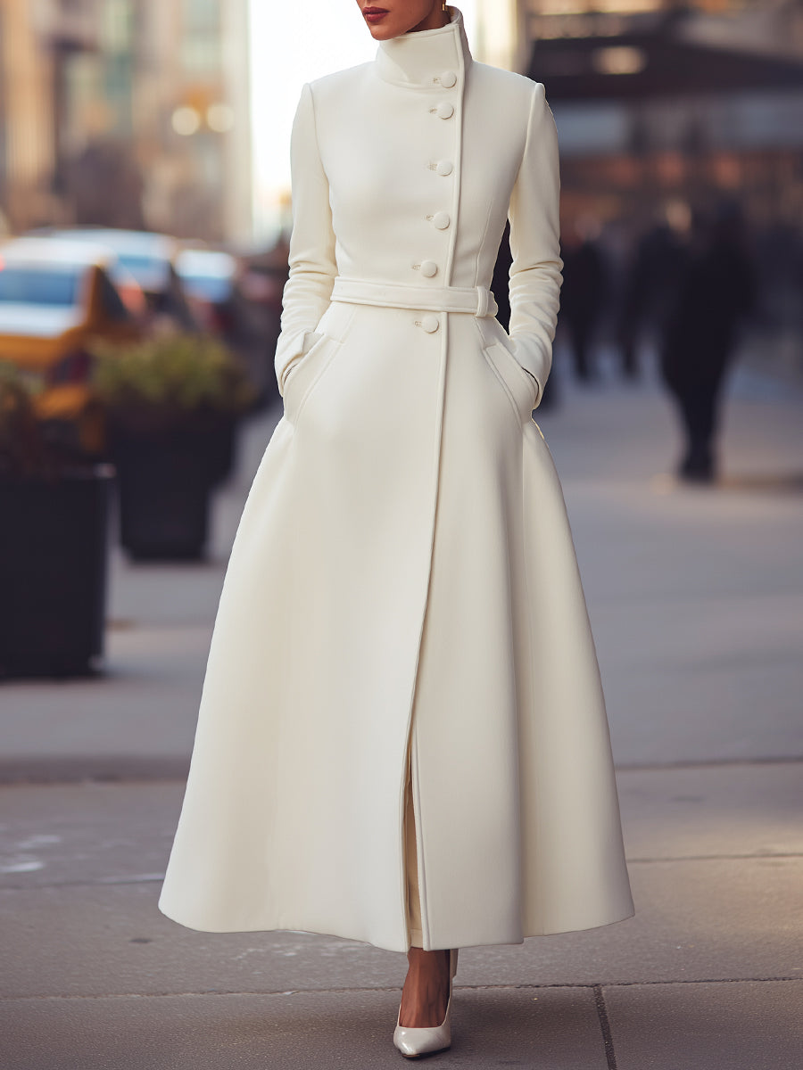 Regal White Military-Inspired Wool Coat