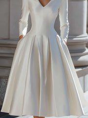 Elegant Satin V-Neck Pleated A-Line Midi Dress