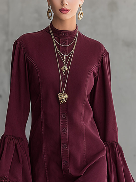 Wine Red Flared-Sleeve Button-Front Mini Dress With Lace Hem