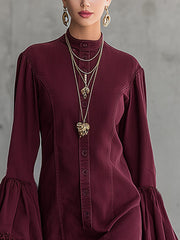 Wine Red Flared-Sleeve Button-Front Mini Dress With Lace Hem