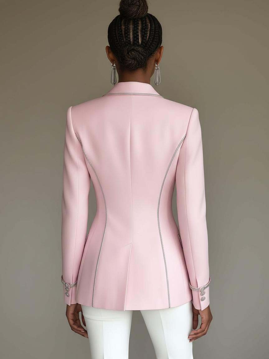 Pink Blazer With Silver Trim And Double-breasted Buttons
