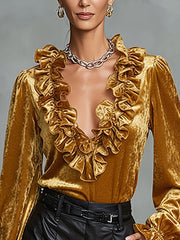 Gold Velvet Ruffled Deep V-Neck Blouse With Puff Sleeves
