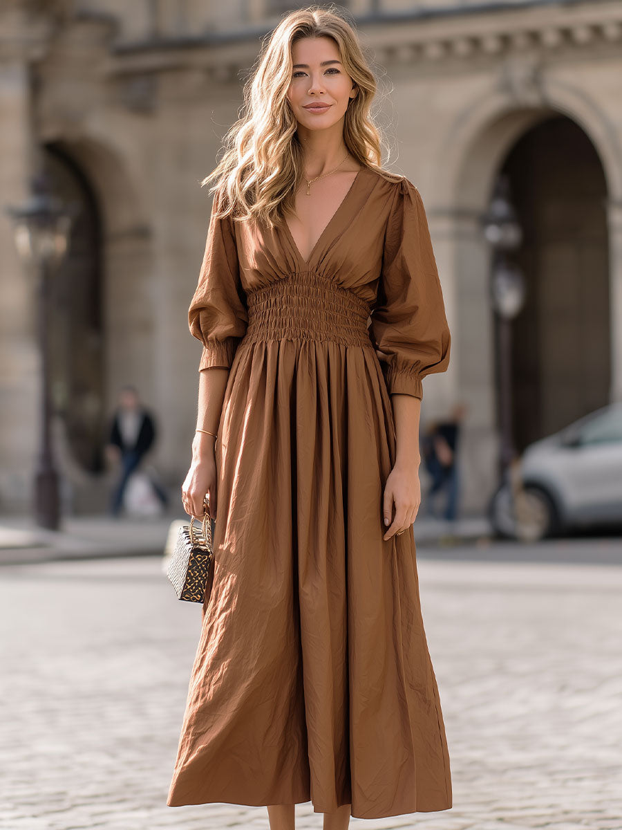 Elegant Camel Deep V-Neck Smocked-Waist Midi Dress