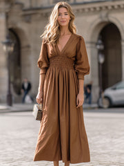 Elegant Camel Deep V-Neck Smocked-Waist Midi Dress