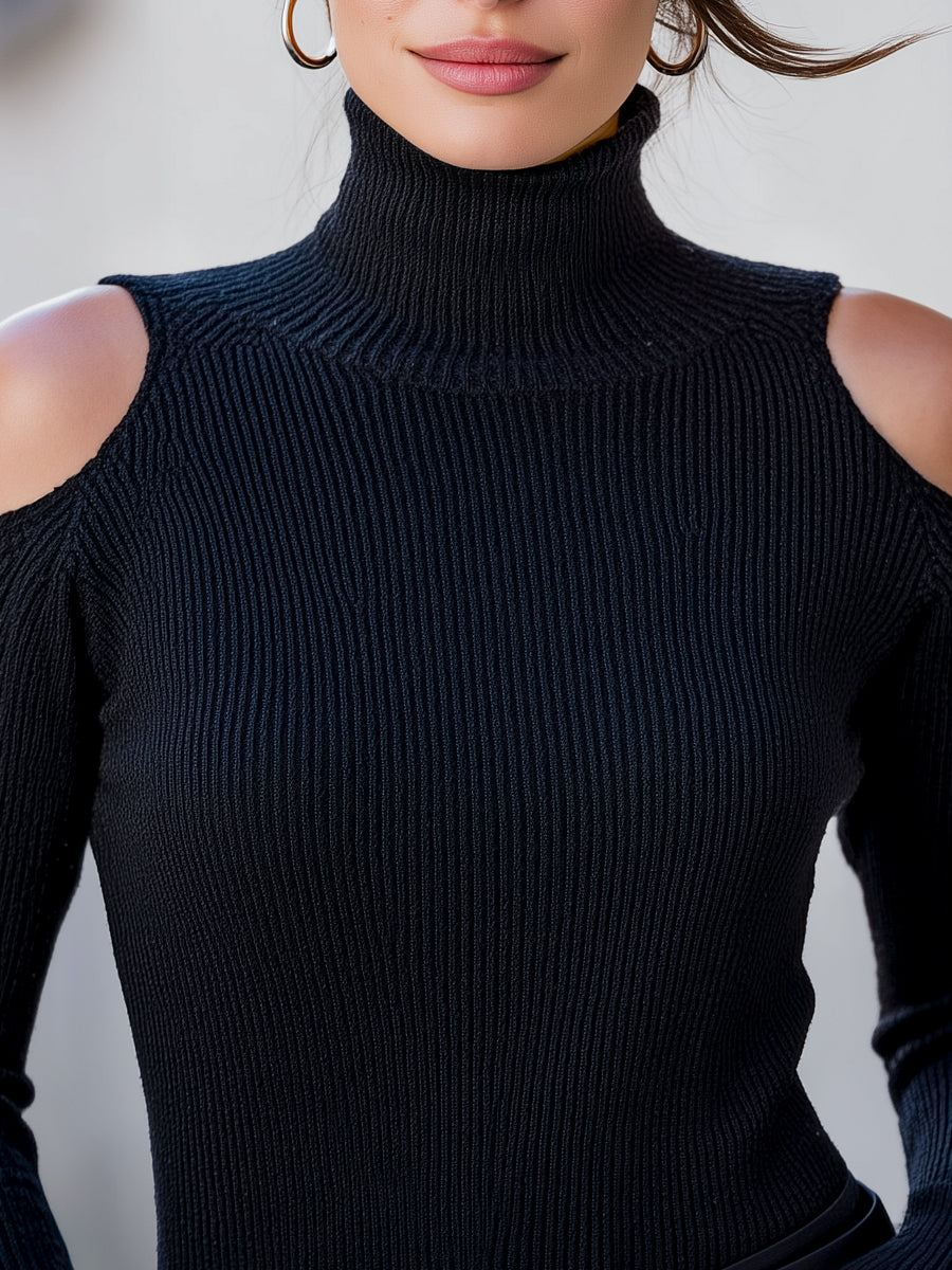 Cutout Shoulder Ribbed Turtleneck Sweater