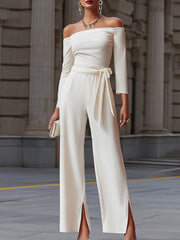 Asymmetric Off-Shoulder Belted Wide-Leg Jumpsuit