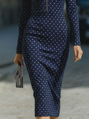 Elegant Navy Polka Dot Zip-Front Midi Sheath Dress