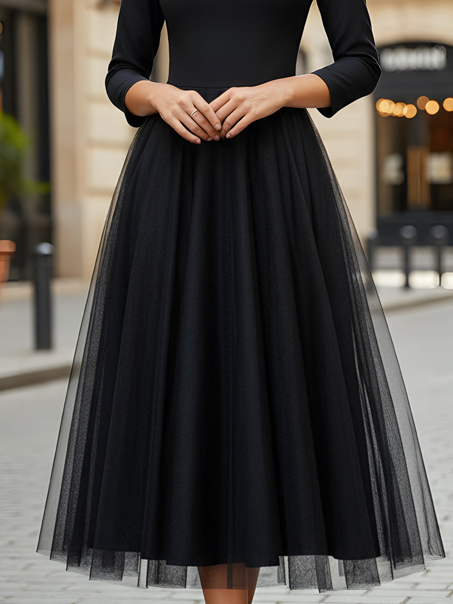 Satin And Tulle A-Line Midi Dress With Gold Button Detail