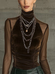 Brown Velvet Mesh Mock Neck Top With Ruched Detailing