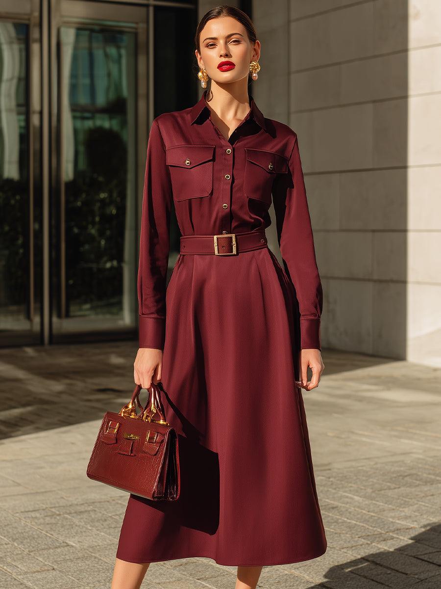 Burgundy Belted Long-Sleeve Shirt Midi Dress