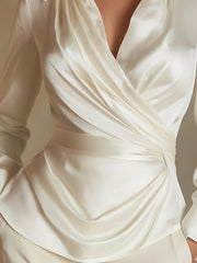 Ivory Satin Draped Wrap Blouse With Structured Collar