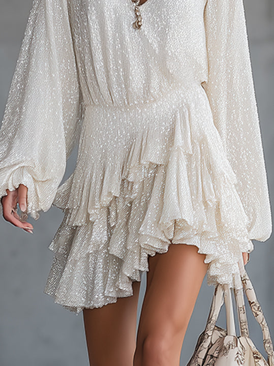 Shimmering Ruffled Mini Dress With V-Neckline And Long Lantern Sleeves In Ivory