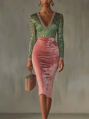Pink Velvet Bodycon Dress With Patchwork Webbing And Leopard Print